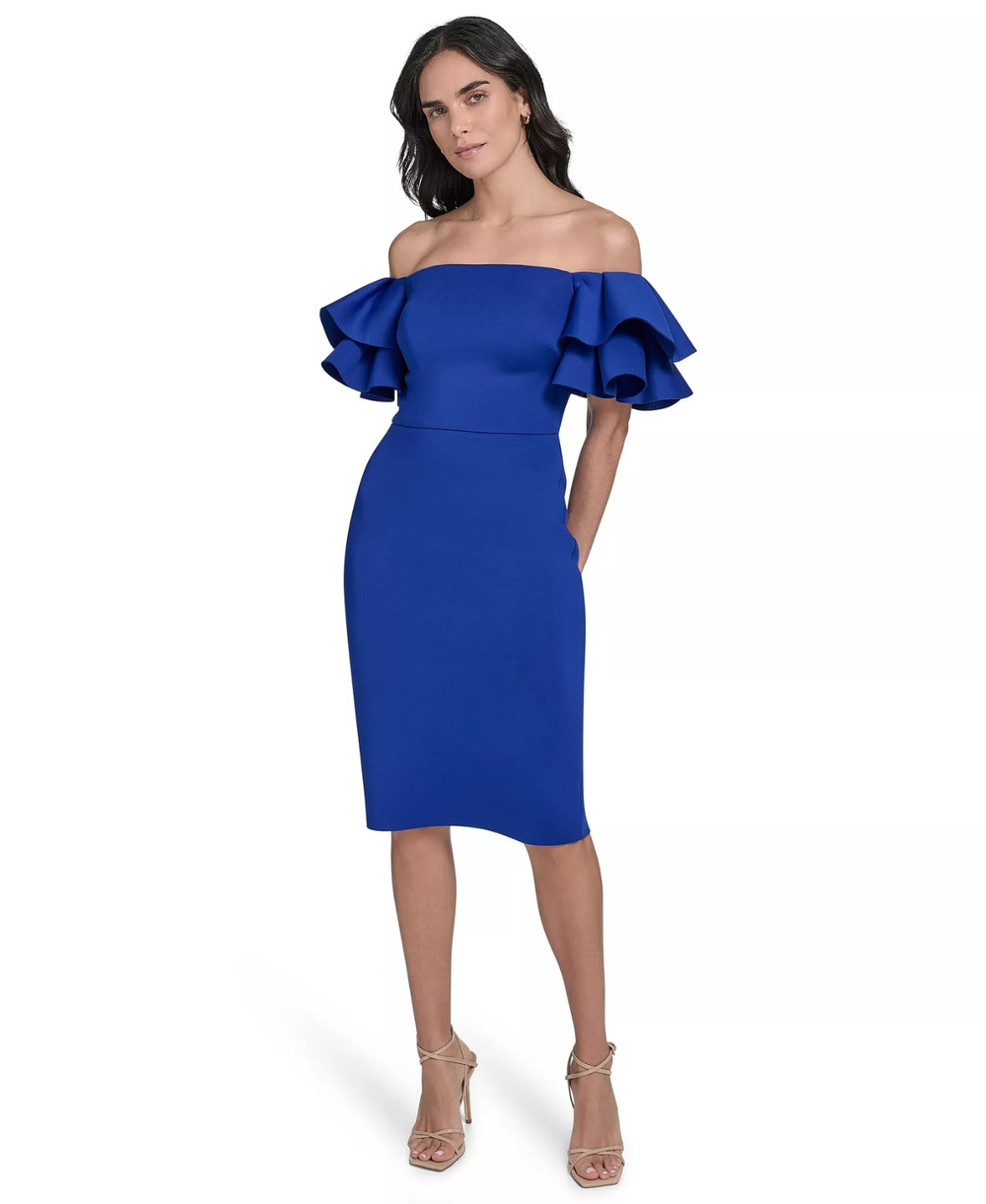 Eliza J Off Shoulder Cocktail Dress, Ruffle Sheath Cobalt Blue Wedding Guest, 14